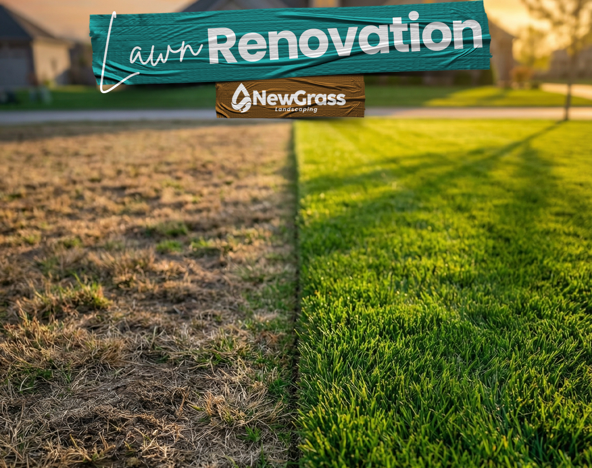 Lawn renovation Cape Cod - comparing dead grass with healthy lawn by NewGrass Landscaping