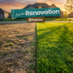 Lawn renovation Cape Cod - comparing dead grass with healthy lawn by NewGrass Landscaping