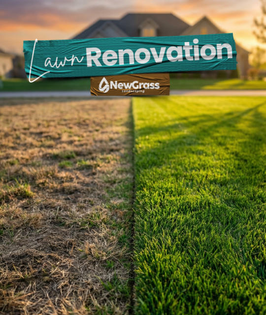 Lawn renovation Cape Cod - comparing dead grass with healthy lawn by NewGrass Landscaping