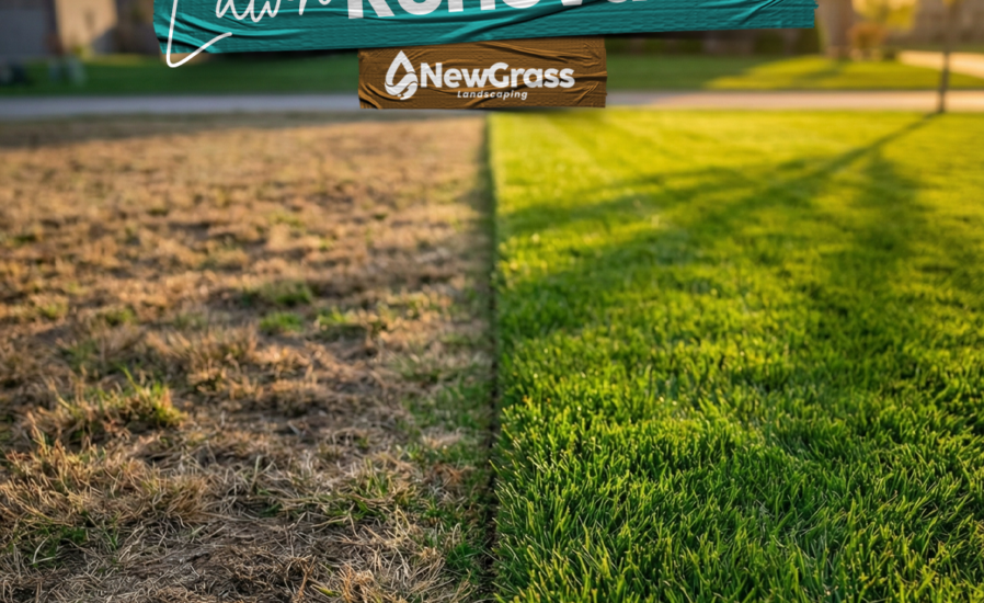 Lawn renovation Cape Cod - comparing dead grass with healthy lawn by NewGrass Landscaping